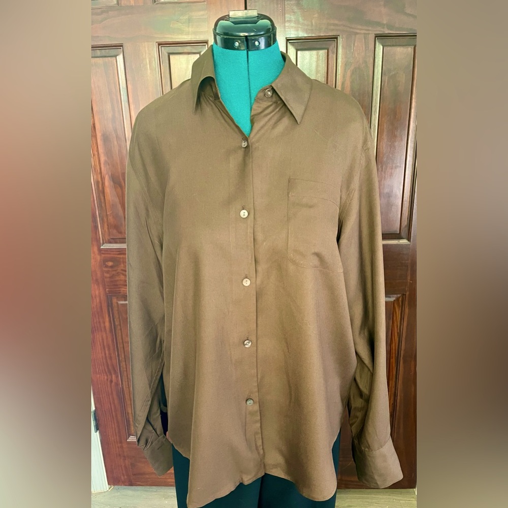 Valerie Stevens Pure Silk Brown button down blouse, size 10
